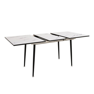 47" - 63" Dining Table, , White Marble Pattern, Black Metal Legs, Creates A Comfortable Atmosphere Modern Industrial Expandable To 63", Texture, For Relaxed
