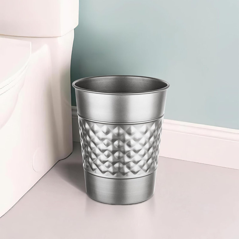 Silver Geometric Embossed Metal Waste Basket