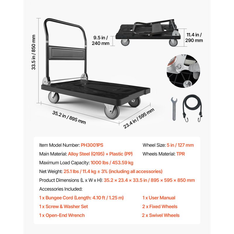 Foldable Push Cart Dolly, 1000 lbs Capacity, 35.2 x 23.4 x 33.5 in, Folding Platform Truck with Swivel Wheels, Moving Platform Hand Truck Flatbed Cart, Space Saving Push Handle