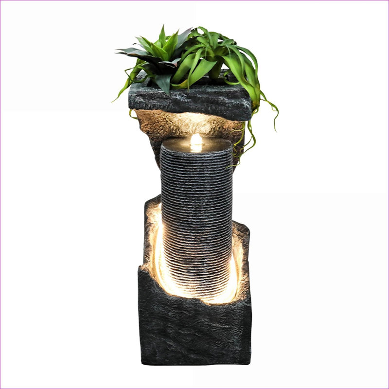 Fountains | Modern 33.4" LED Water Fountain for Garden Patio Indoor Outdoor | Concrete / Cement | Tiered Waterfall Fountain