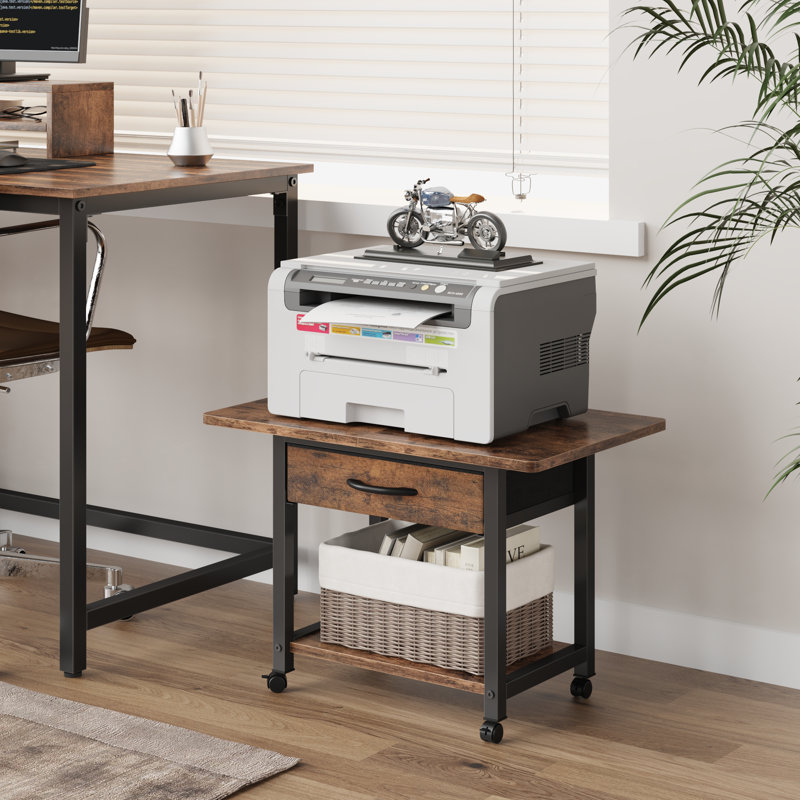 Maycin 22'' Wide Printer Stand with Storage Drawer and Wheels, Brown/Black