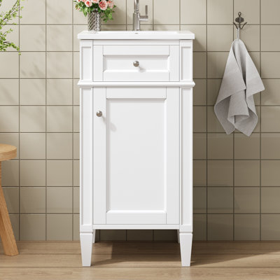 Ensemble de meuble-lavabo simple 16 po avec lavabo en céramique, ensemble de meuble-lavabo autoportant avec porte à fermeture douce, tablette réglable, style français, pieds pleins, blanc