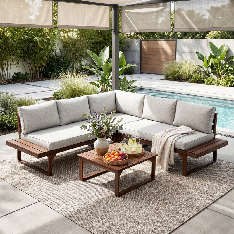 Solid Wood L-Shape Outdoor Sectional Sofa Set With Coffee Table