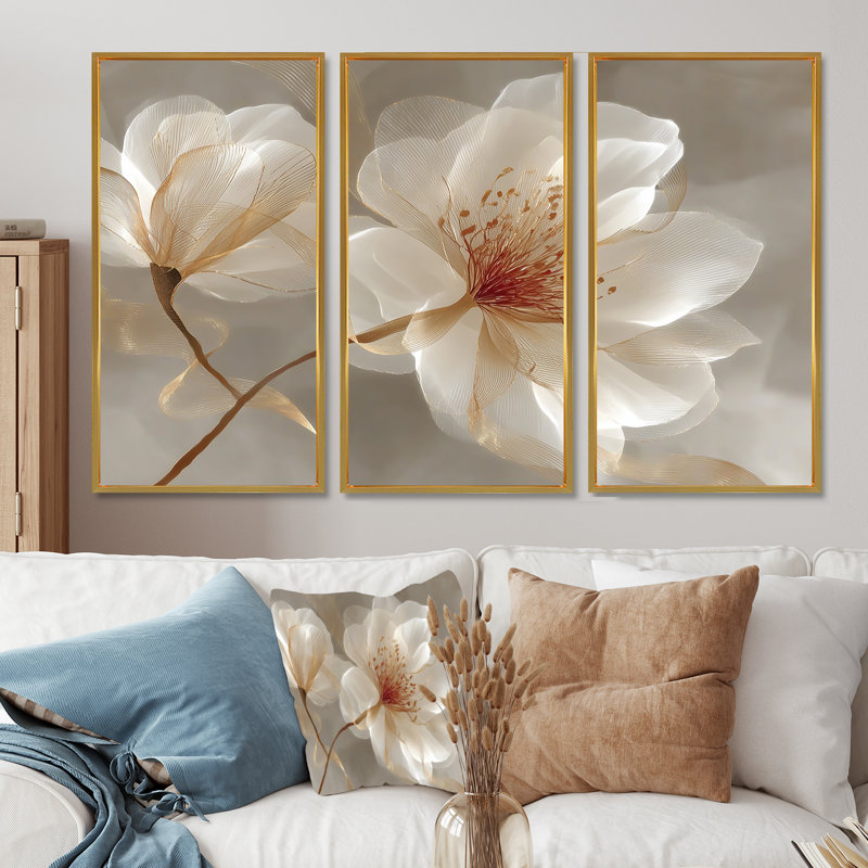Délicat Magnolia doré - ensemble d'art mural Magnolias, H 40 po x l 60 po, Reproduction avec cadre flottant, Doré