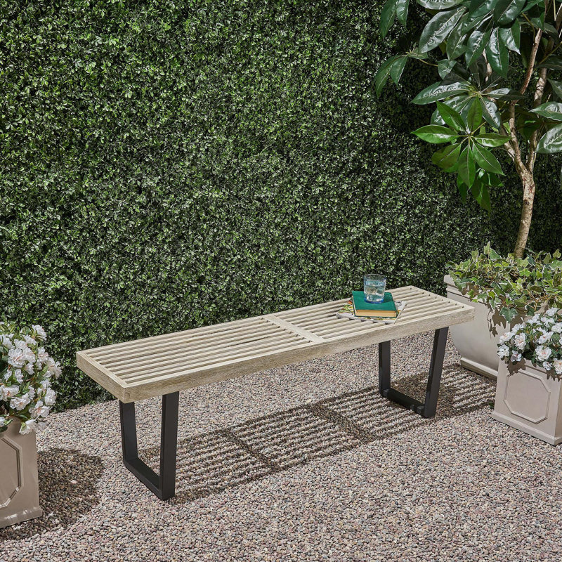 Banc d'extérieur en métal / bois massif, Noir/gris
