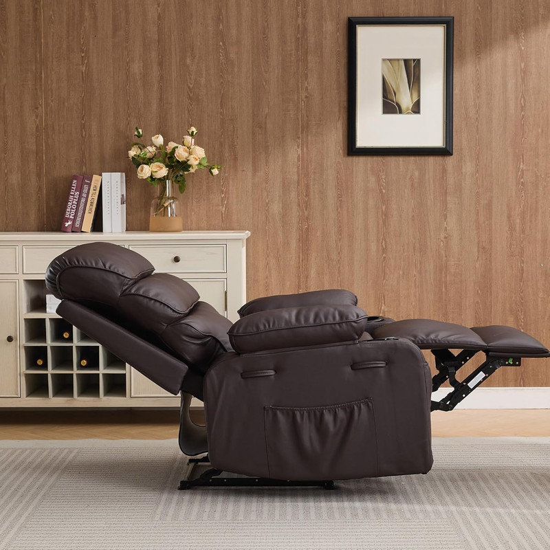 PU Leather Extra Wide Manual Recliner with Massage & Heat, Large Lazy Chair for Living Room, Dark Brown