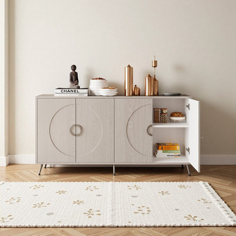 Buffet moderne laqué 4 portes en argent champagne avec tablettes réglables modernes - parfait pour le vestibule, la salle à manger et plus encore