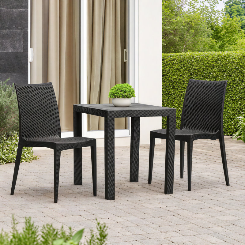 2-Piece Outdoor Dining Set with Square Dining Table with Weave Design and 2 Accent Side Chair, Black