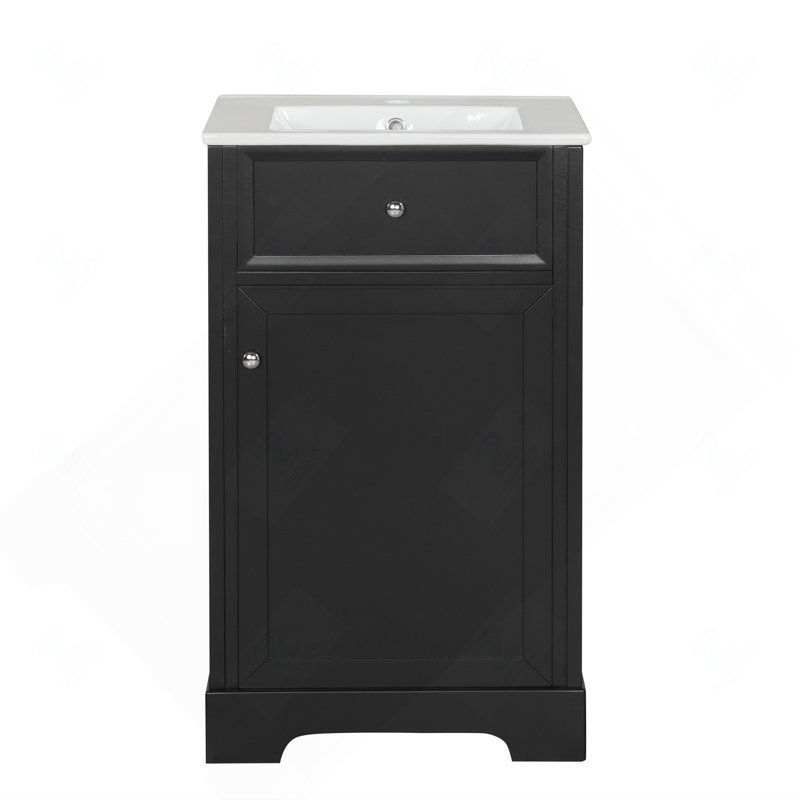 Meuble-lavabo de 20 po avec lavabo, armoire de salle de bain avec porte à fermeture douce, support de rangement et tablette réglable, noir