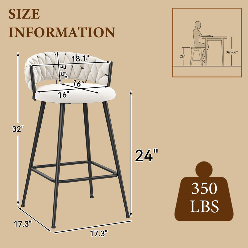 Upholstered Counter Stool With Metal Frame, Ivory, Counter Stool (24” Seat Height)