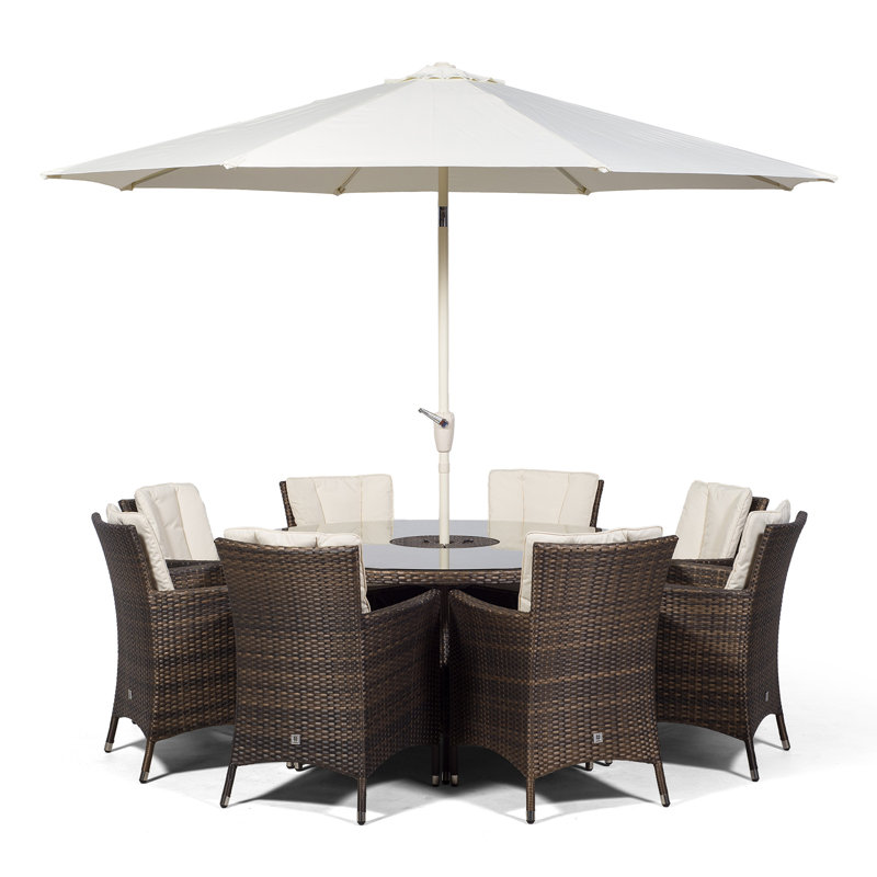 Karcher 8 - Person Wicker Patio Dining Set with Round Table , Cushions Included, Brown