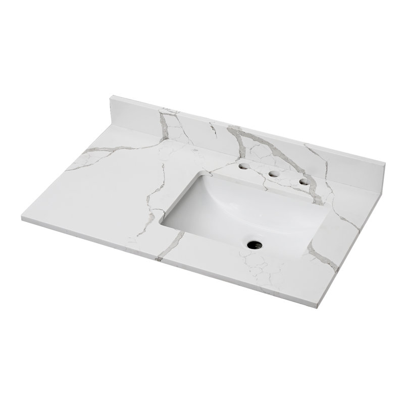 Dessus de meuble-lavabo en pierre de quartz 36 pouces avec lavabos et 2 éclaboussures latérales en blanc