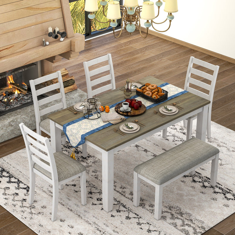Ensemble de table de salle à manger de style rustique 6 pièces avec 4 chaises rembourrées et un banc