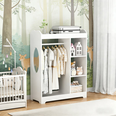 Organisateur de rangement blanc pour enfants avec miroir pleine grandeur et crochets | Garde-robe en bois pour tout-petits pour salle de jeux et chambre à coucher