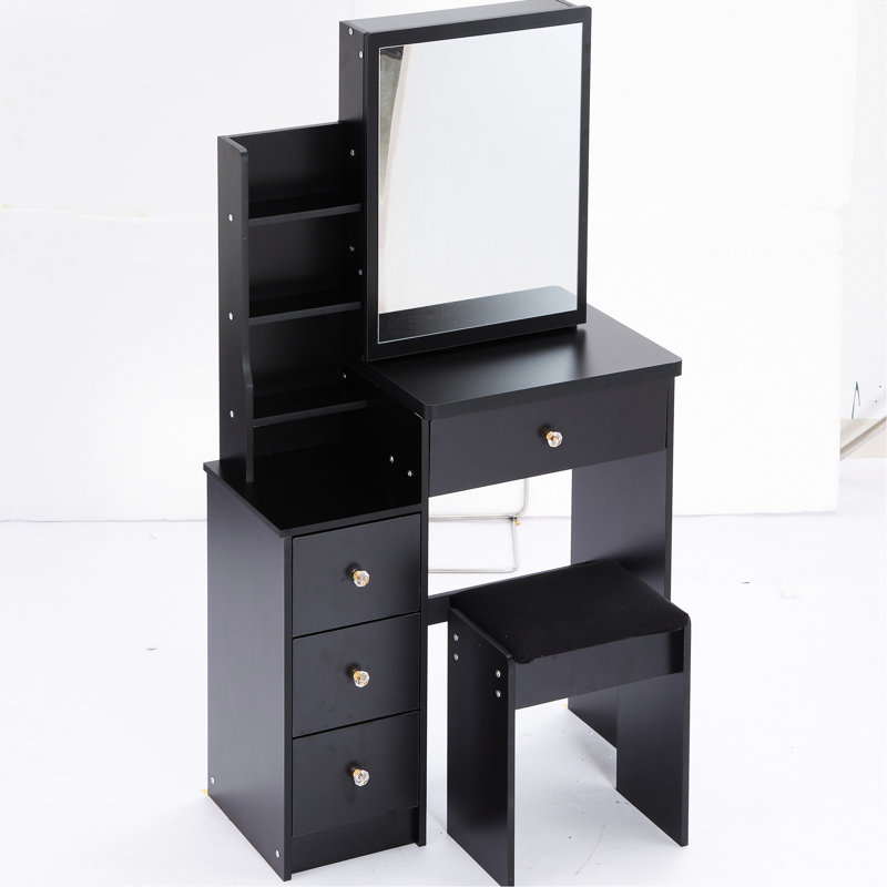 Table de coiffeuse gauche avec tabouret rembourré et très grand miroir coulissant, rangement multi-couches pour les espaces restreints