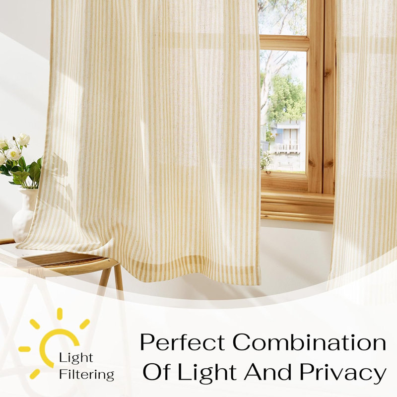  Sheer Linen Kitchen Curtains, Striped Print Farmhouse Decor Cafe Curtains, Boho Drapes with Rod Pocket for Living Room Bathroom, 2 Panels