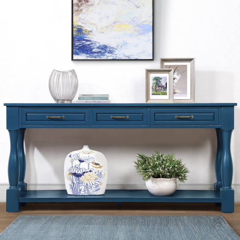 Console 63 po avec 3 tiroirs. Bleu marine, bois massif, structure en bois de 63 po facile à installer, stable et instructions d'installation