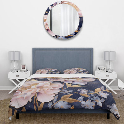 Pivoines roses rétro sur fond bleu - ensemble de housse de couette floral - microfibre de polyester