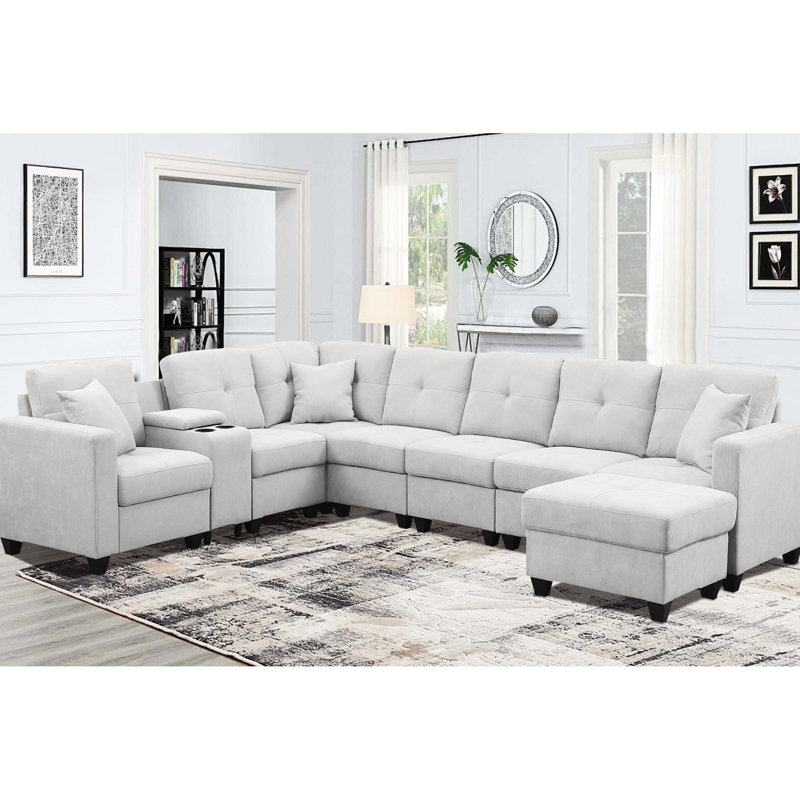 Gris, canapé modulaire, velours de haute qualité, sensation, conception de la peau, porte-gobelets, support en bois massif de 7 sièges