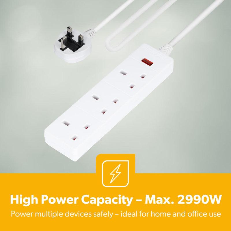 GEEPAS 3 Gang Extension Lead, 2M Cable | 3-Way Plug Extension Cable with Neon Indicator Light | Wall Mountable & Multi Socket Mains Strip for Home Bedroom Office | Heavy Duty UK Plug | White