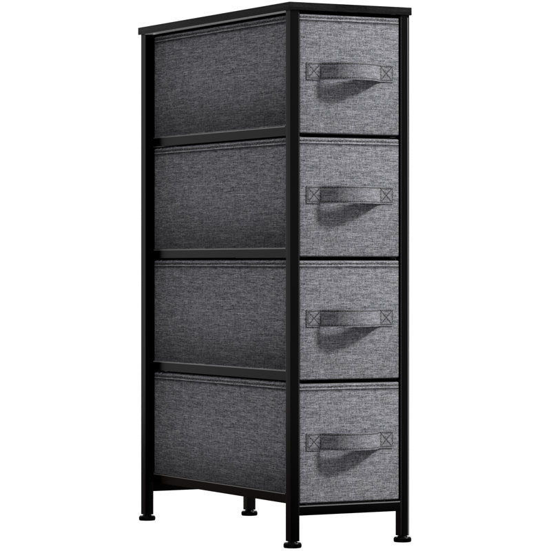 Commode étroite 4 tiroirs Sorbus avec structure en acier, plateau en bois et bacs en tissu, Noir/gris anthracite