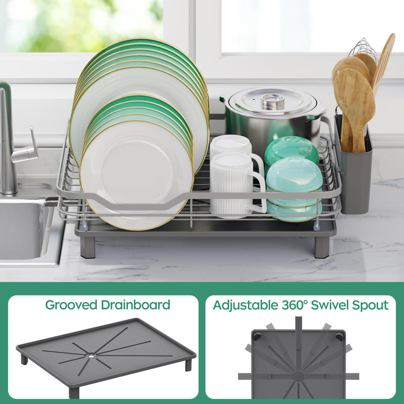 Dark Gray Stainless Steel Dish Drying Rack with Utensil Holder