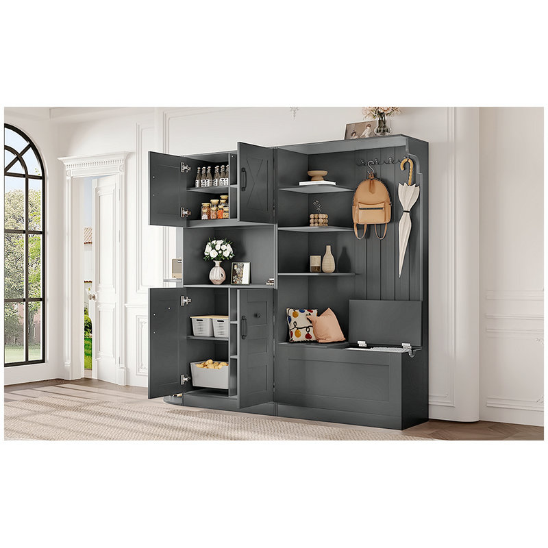 Armoire de vestibule multifonctionnelle de gauche à droite (peut être utilisée séparément) avec rangement et 4 crochets, armoire de rangement / arbre d'entrée 2 en 1 pour le salon, la cuisine et le couloir, noir