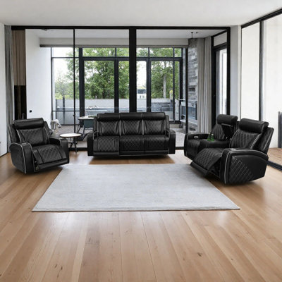 Black Breathing Leather Living Room Reclining Sofa Set