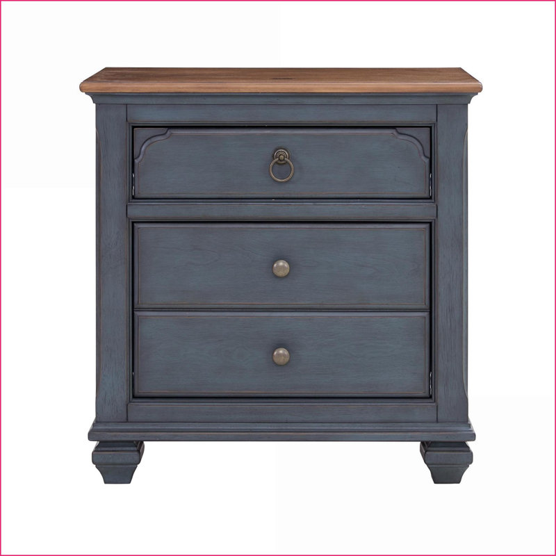 Table de chevet 3 tiroirs en velours côtelé bleu Corduroy - Aucun assemblage requis