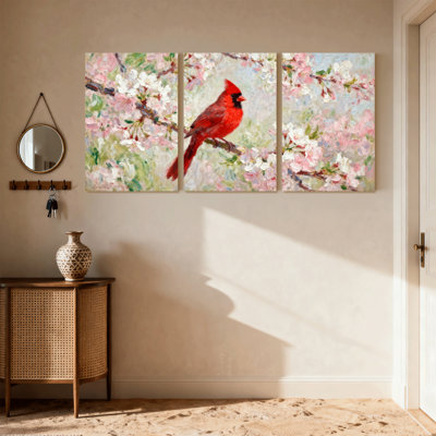 Oiseaux, cardinal rouge perché sur une branche de fleur, ensemble de 3 impressions sur toile