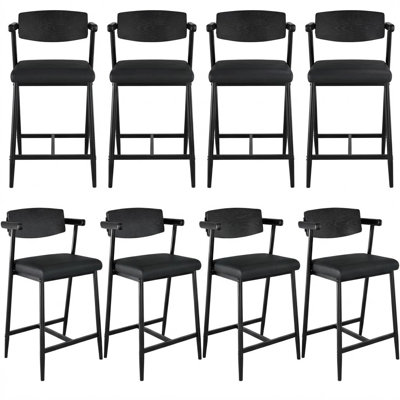 26 Inch Counter Height Bar Stools Set of 8 with Wood Back and Padded Seat, Metal Frame Barstools with Armrest and Footrest