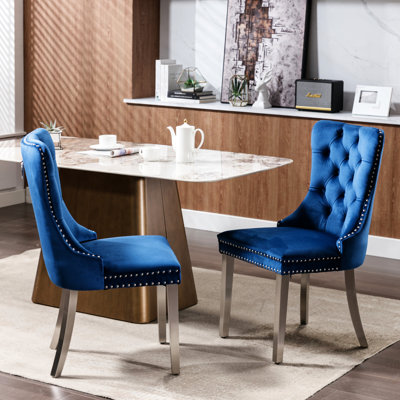 Chaise moderne en velours, ensemble de 2, pieds plaqués, garniture cloutée, bleu, SW1701BL, ensemble de salle à manger, acier inoxydable