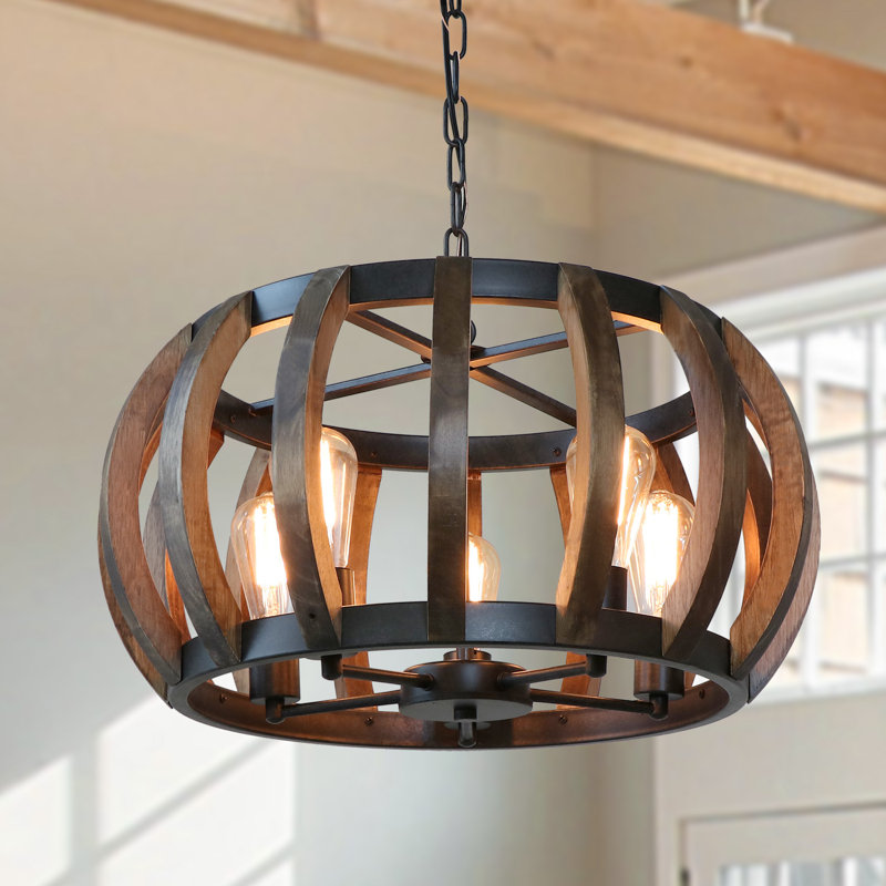 Comas 5 - Light Unique / Statement Wood Drum Chandelier Farmhouse Chandelier for Dining Room