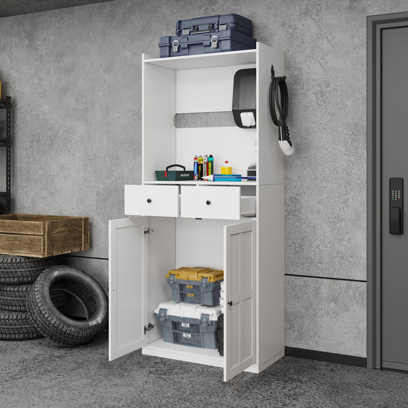 Armoire de rangement pour garage 74,2 "avec 2 tiroirs et 2 portes, organisateur de chargeur intégré