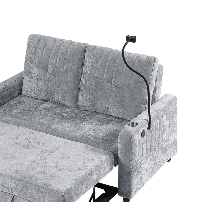 Canapé-lit escamotable en chenille avec dossier réglable et ports de charge, Gris