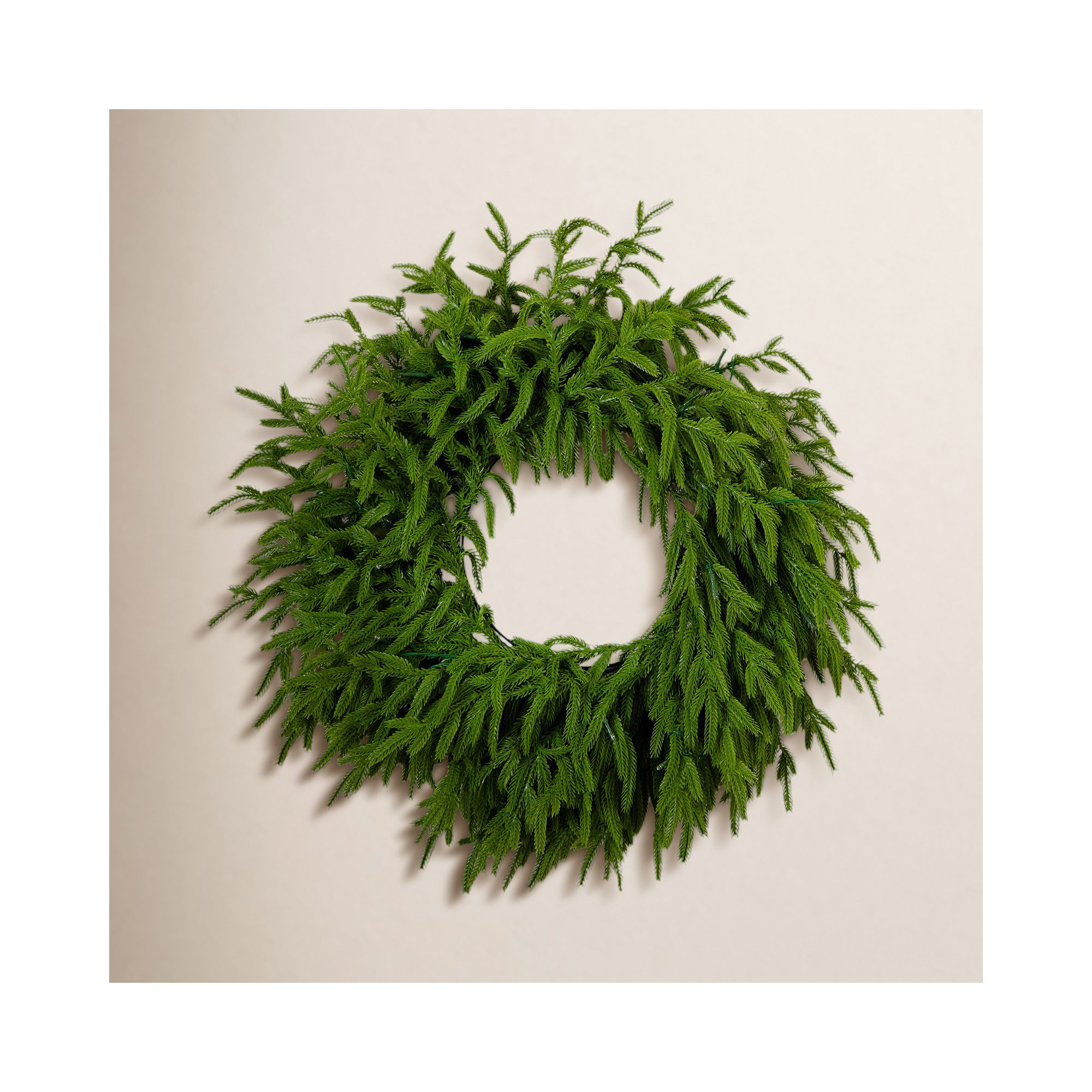 20In. Pre-Lit Artificial Real Touch Norfolk Island Pine Wreath With 35 Warm White LED Lights And Natural Look, Green