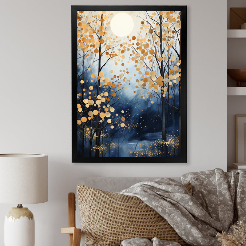Gold And Blue Maple Tree Winter Forest III - Tree Maple Wall Art, 20" H x 12" W x 1" D, Black Single Picture Framed