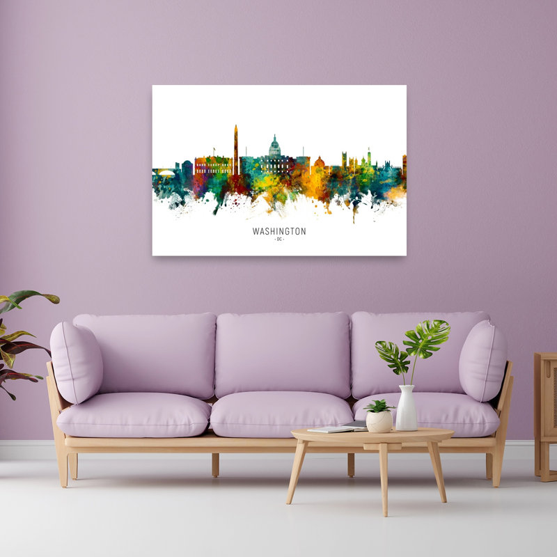 Vibrant Dc Watercolor Skyline Abstract Contemporary Architecture City Wall Art Print by Michael Tompsett - 1 Piece Wrapped Canvas Wall Art