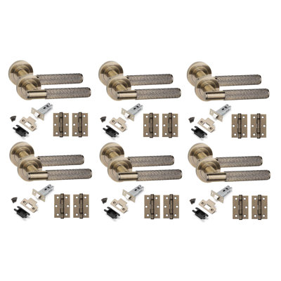  6 Set Straight T-Bar Linear Door Handles in Antique Brass Finish with Tubular Latch and 1 Pair of 3" Ball Bearing Hinges