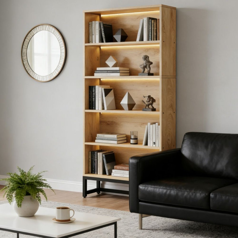 Grande bibliothèque avec tablettes ouvertes, bibliothèque moderne pour salon de bureau personnel