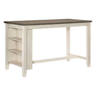 Table contemporaine à hauteur de comptoir en bois avec tablettes, table de salle à manger idéale en blanc antique et brun Rosy, tablettes essentielles