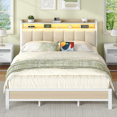 Bed Frame with Storage Headboard, Upholstered Platform Bed with Charging Station and LED Lights, Heavy Duty Metal Slats