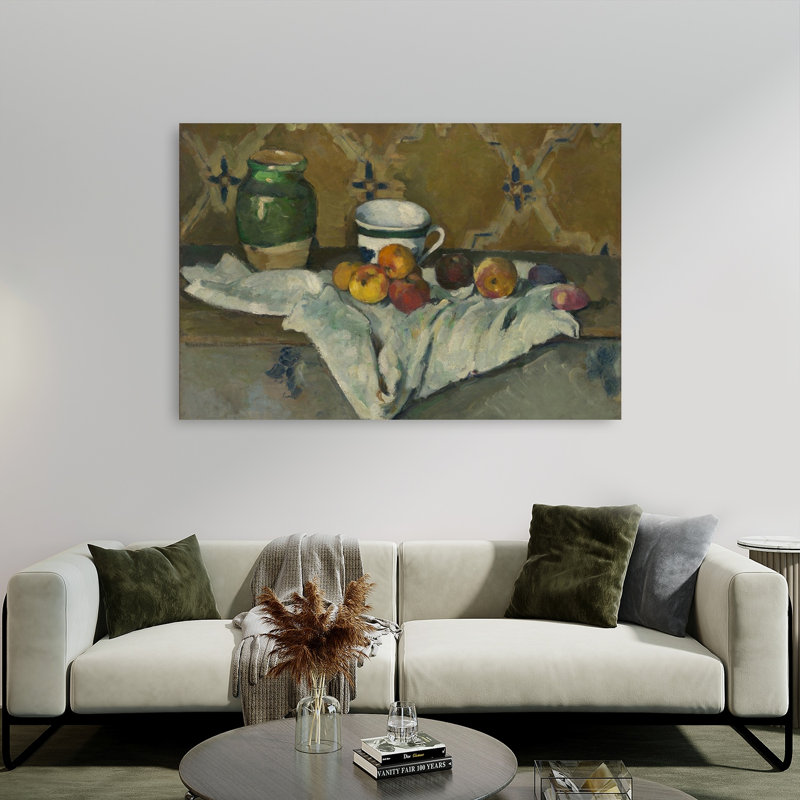 Nature morte au pot, à la tasse et aux pommes, vers 1877. Estampe d'art mural abstrait contemporain., H 40 po x l 60 po