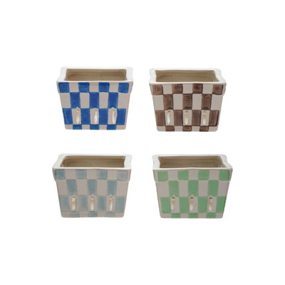 Ensemble de 4 baies en grès peintes à la main avec motif à carreaux