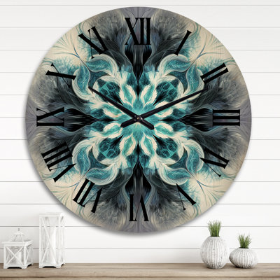 Turquoise and White Fractal Flowers III - Modern Geometric Oversized Wood Wall Clock