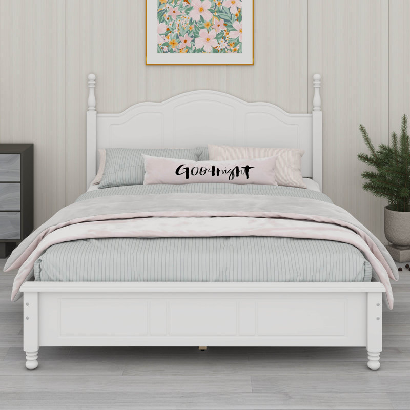 Lit plateforme, cadre de lit en bois de style rétro avec tête de lit, Blanc, Grand lit