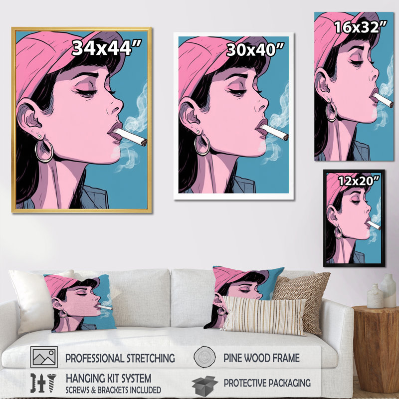 «Pink Popart Woman fumant sur toile», Cadre flottant noir, H 32 po x l 24 po x P 1 po