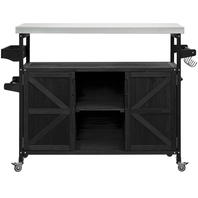 Îlot de cuisine extérieur, chariot à roulettes et armoire de rangement, table de barbecue d'extérieur en bois massif avec plateau en acier inoxydable, support à épices, porte-serviettes pour la cuisine et le barbecue
