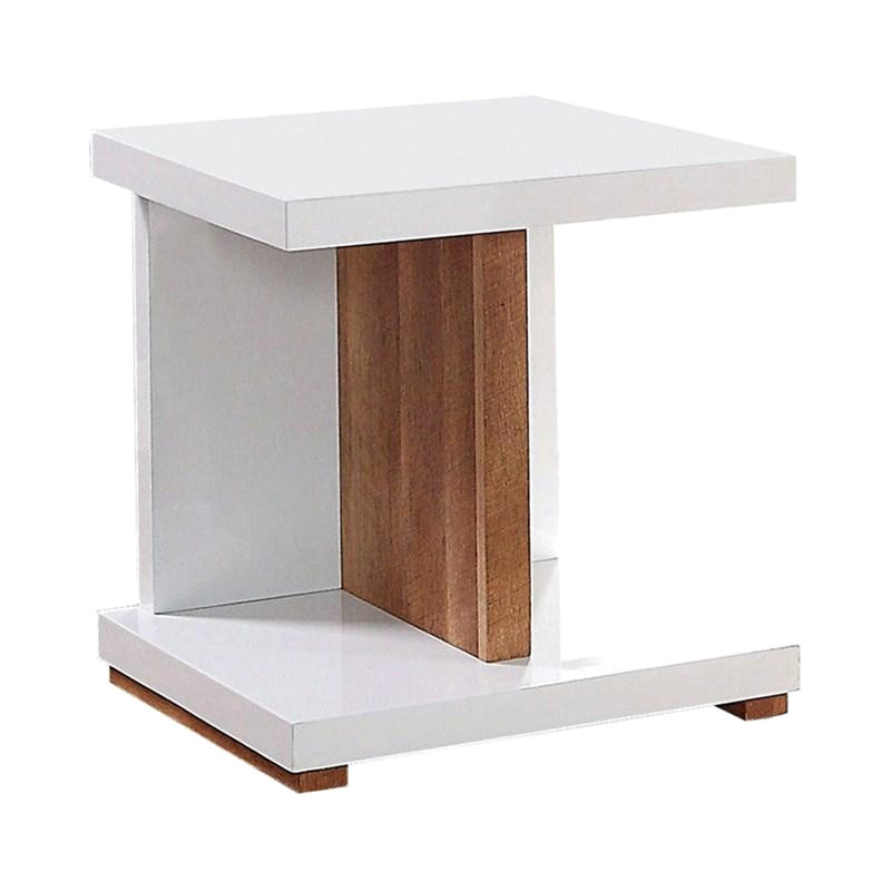 Table de bout moderne avec finition bicolore blanche et naturelle, lustrée, tablettes ouvertes, table en bois massif reproduite, conception, 22 x 22 x 24,05 pouces