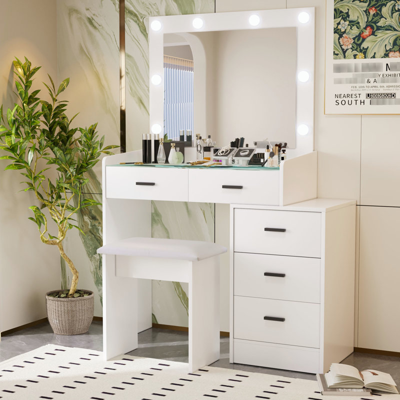 Coiffeuse blanche avec tiroirs coulissants et luminaire à DEL réglable
